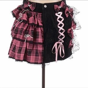 Pink and Black Plaid Ruffle Skirt